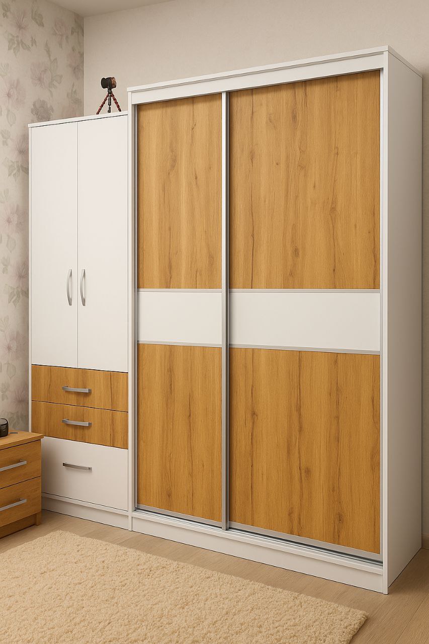 Шкаф-купе с комбинацией белого и дуба, встроенный модуль, Гомель, Добруш